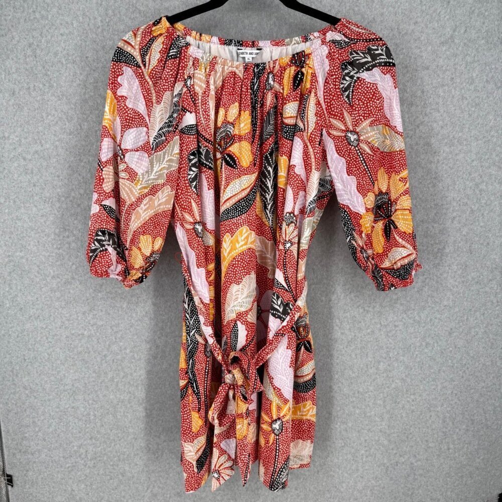 Elizabeth And James Floral Boho Shift Dress Size XL Red Belted Half Sleeve